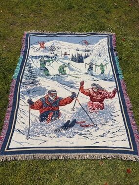 VTG Goodwin Weavers Downhill Skiers Ski Skiing Throw Blanket‎ Lodge Decor 49x67